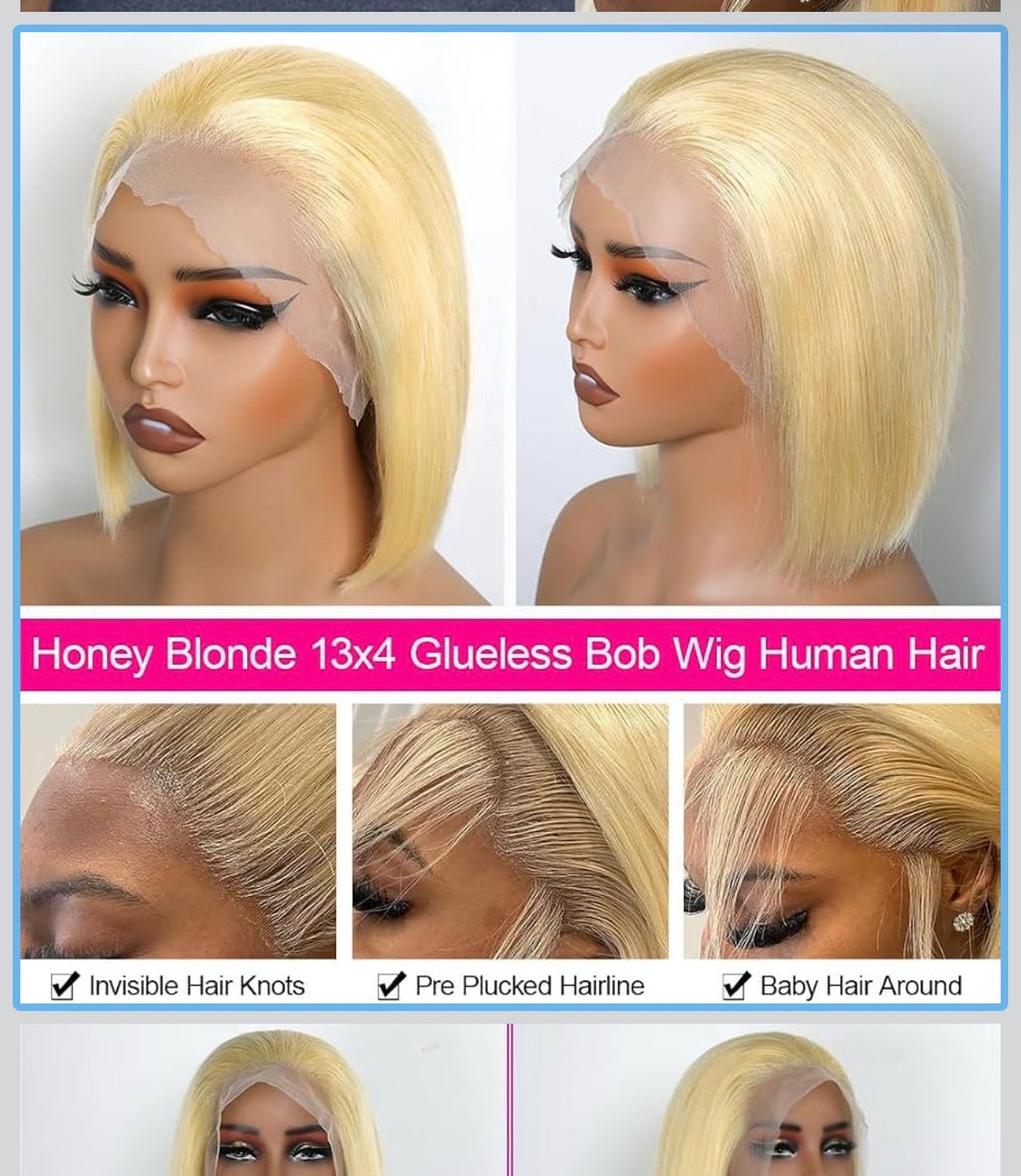 Honey Blonde 13x4 Glueless Bob Wig – 100% Human Hair